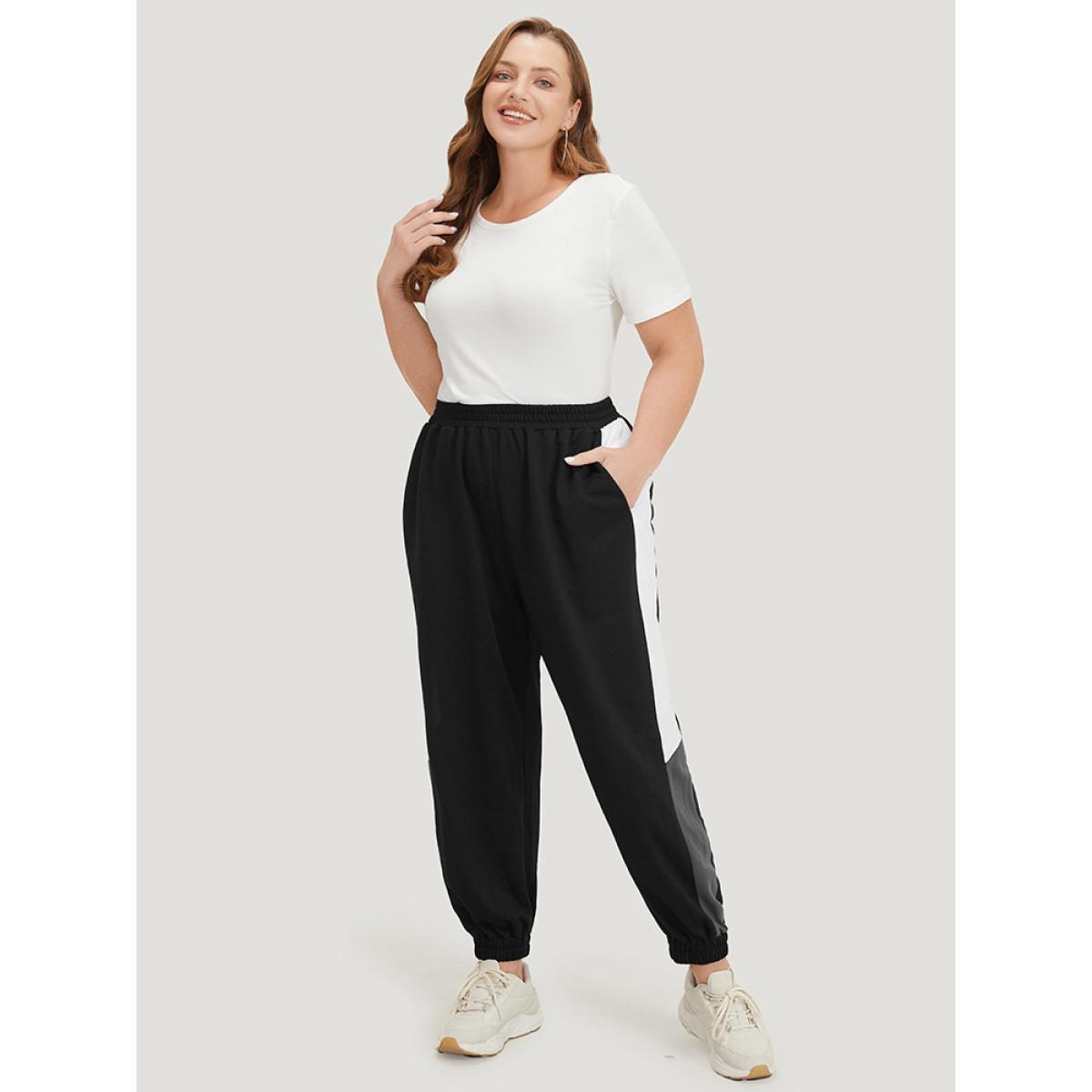 Solid Elastic Waist Pocket Contrast Sweatpants Multicolor Plus Size Women Casual Dailywear Patchwork 30/6X Bloomchic Product Image