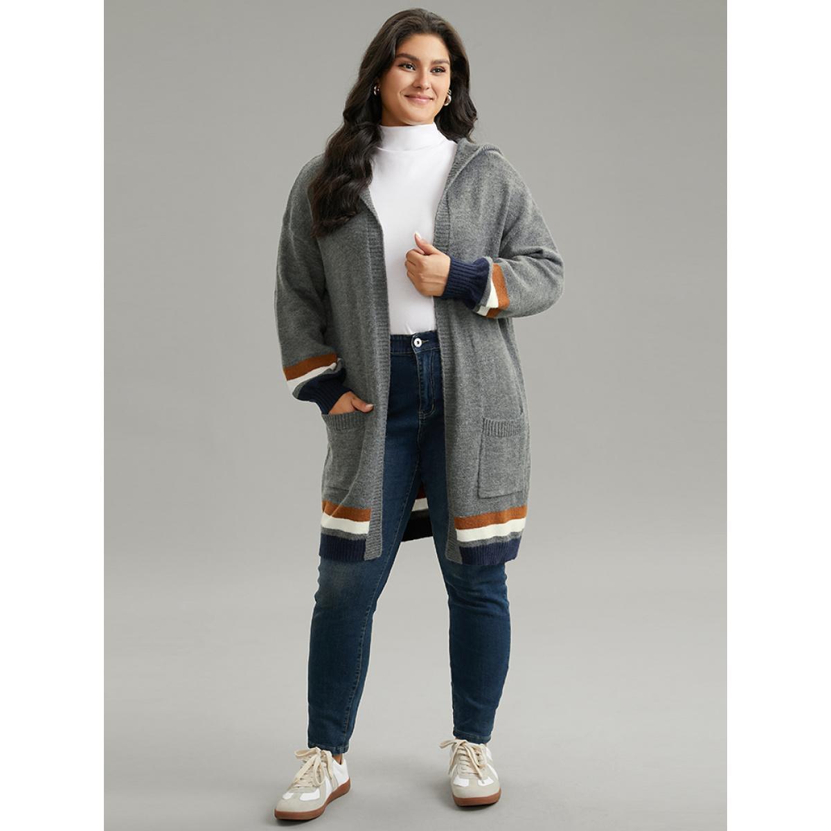 Plus Size Supersoft Essentials Striped Contrast Pocket Hooded Cardigan DimGray Women Casual Loose Long Sleeve Dailywear Cardigans BloomChic 18-20/2X Product Image