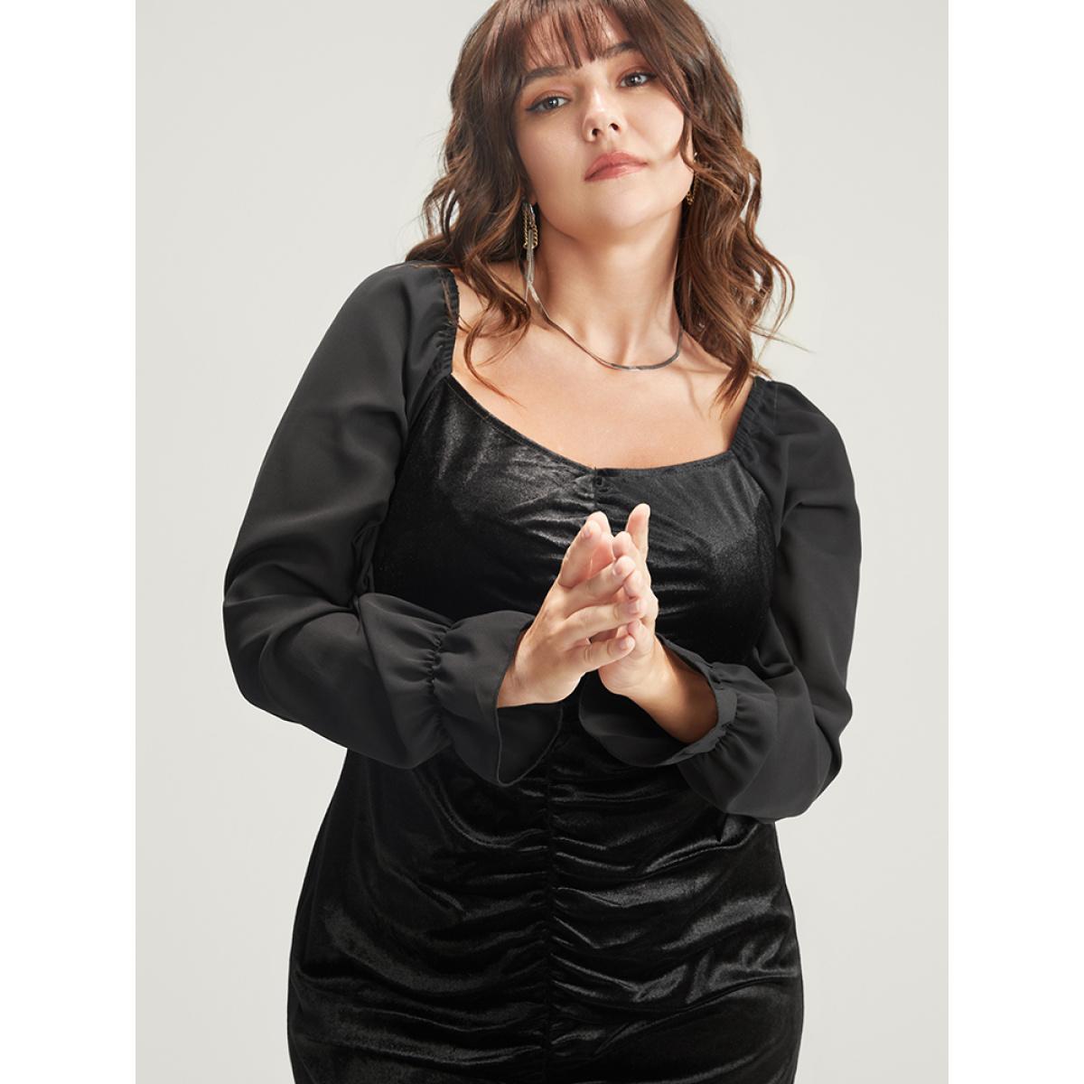 Plus Size Solid Lantern Sleeve Ruched Velvet Knee Dress Black Women Party Gathered V-neck Long Sleeve Curvy Knee Dress BloomChic 30/6X Product Image