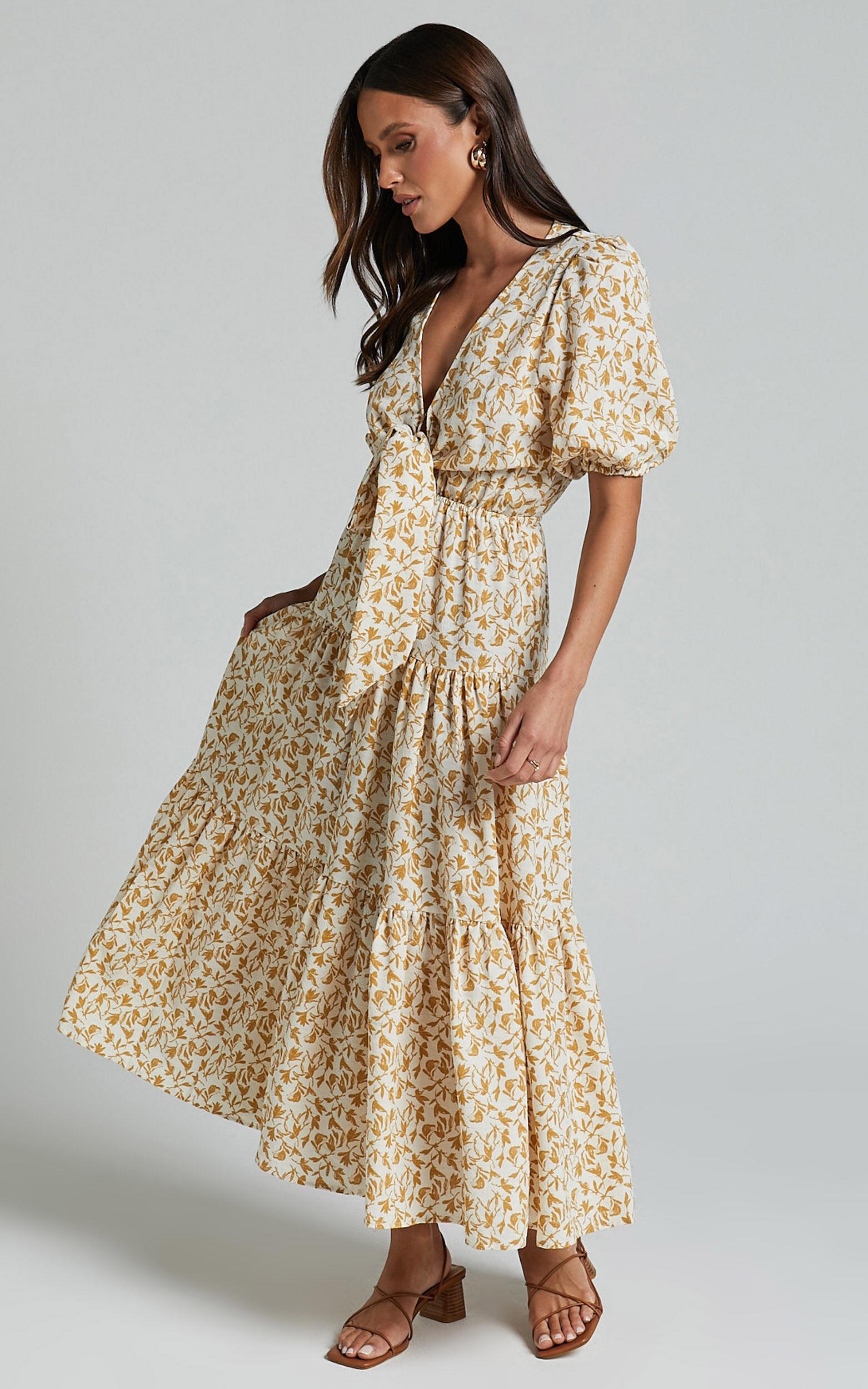 Alena Midi Dress - Short Puff Sleeve Tie Front Tiered Dress in Golden Floral Product Image