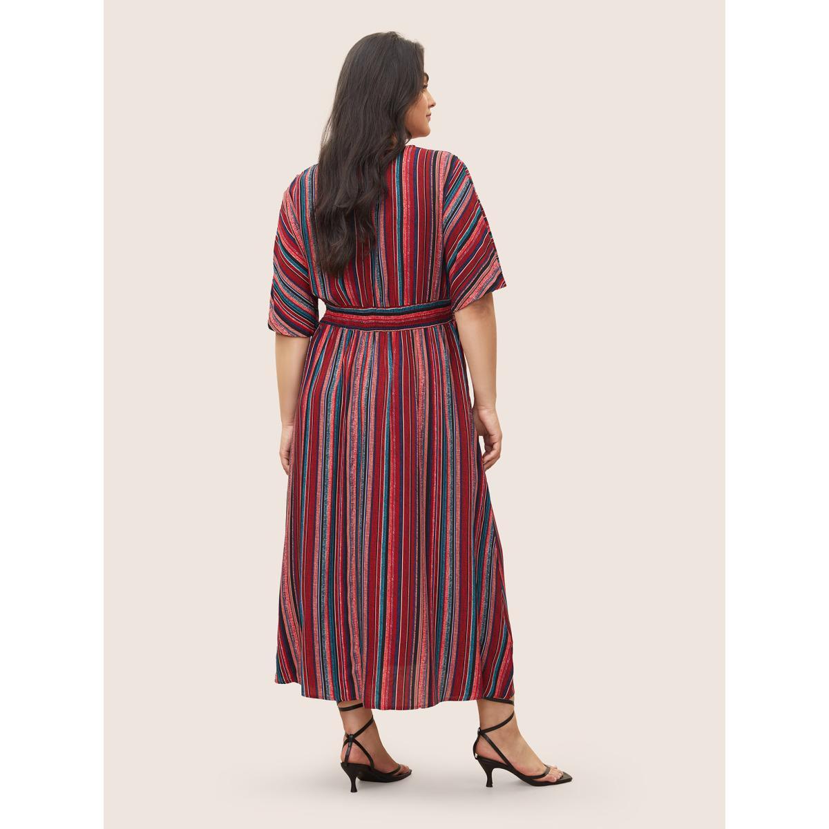 Plus Size Striped Contrast Dolman Sleeve Shirred Pocket Split Flutter Dress Red Women Resort Non V-neck Half Sleeve Curvy BloomChic 30/6X Product Image