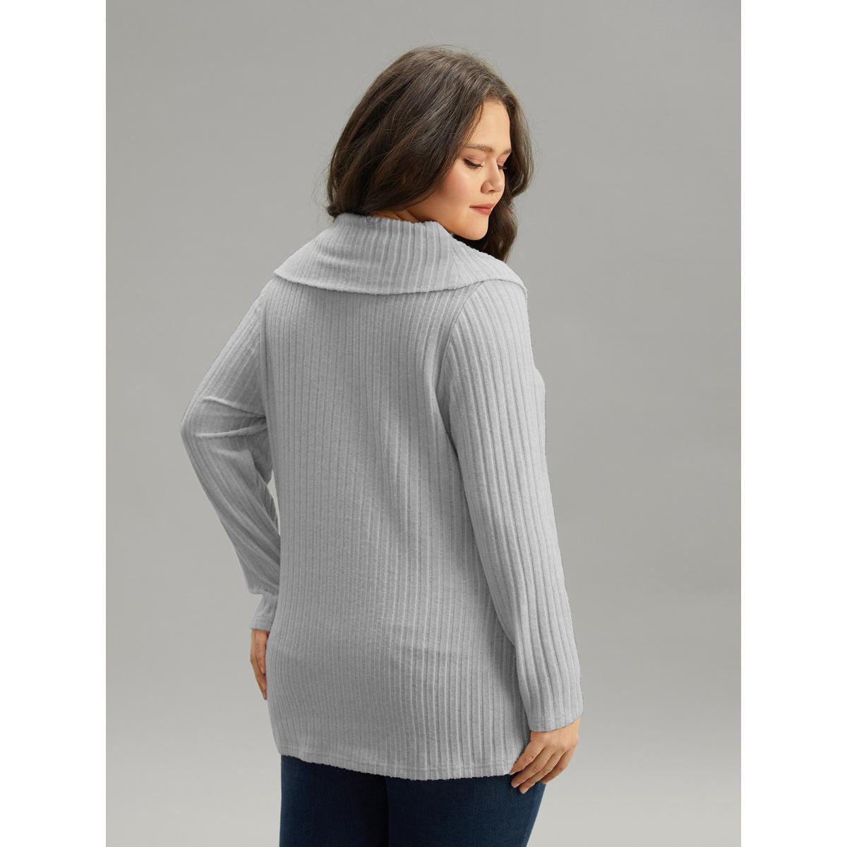 Plus Size Plain Rib Knit Cowl Neck T-shirt LightGray Women Elegant Texture Plain Ruffled collar Dailywear T-shirts BloomChic 10/M Product Image