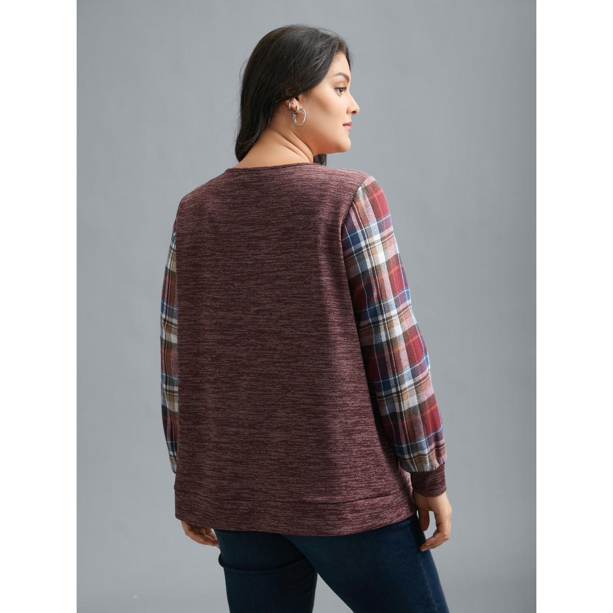 Plus Size Plaid Sleeve Button Up Patchwork Sweatshirt Women Burgundy Casual Contrast Notched collar Everyday Sweatshirts BloomChic 14-16/1X Product Image