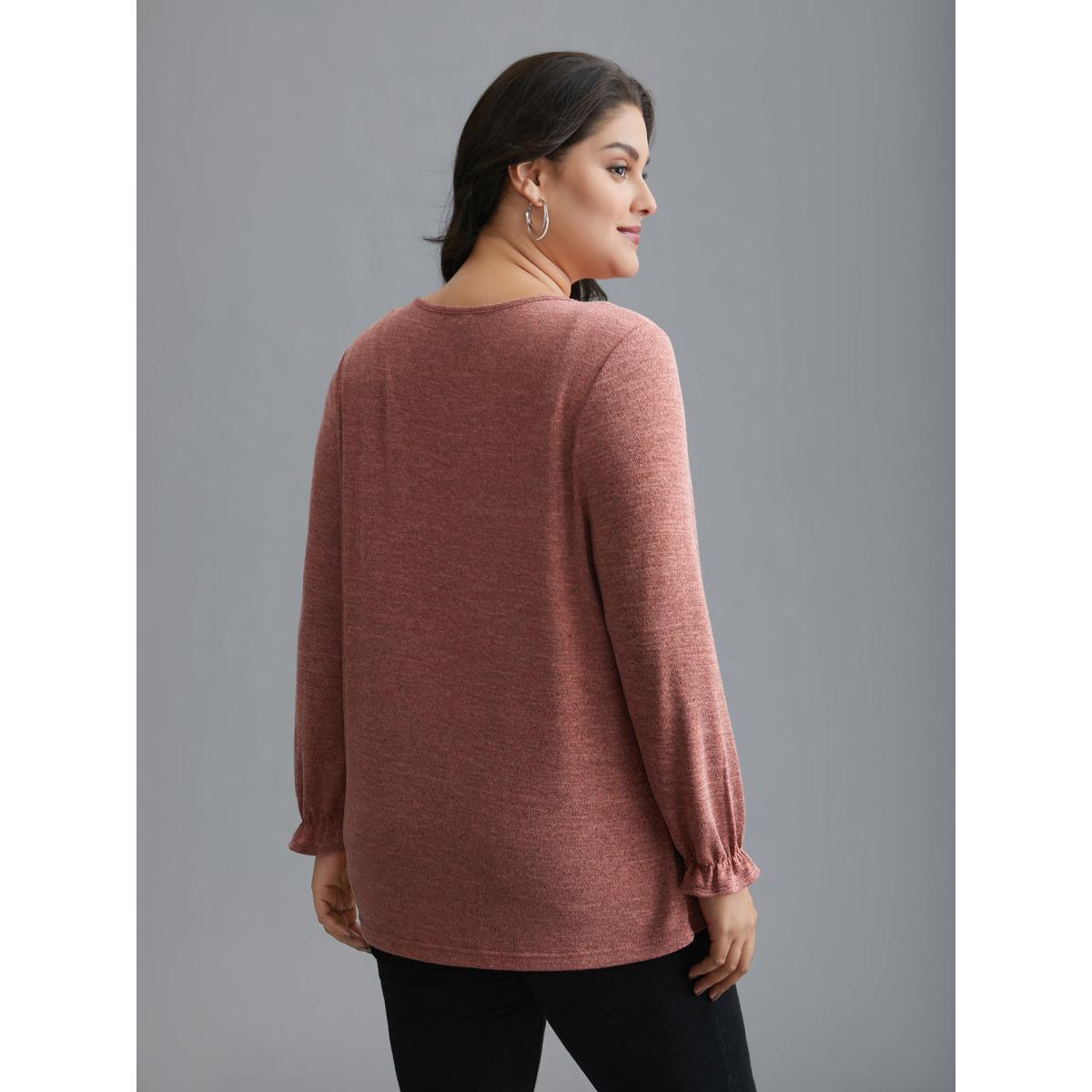 Plus Size Round Neck Heather Pleated T-shirt OrangeRed Women Elegant Pleated Round Neck Loose Everyday T-shirts BloomChic 14-16/1X Product Image
