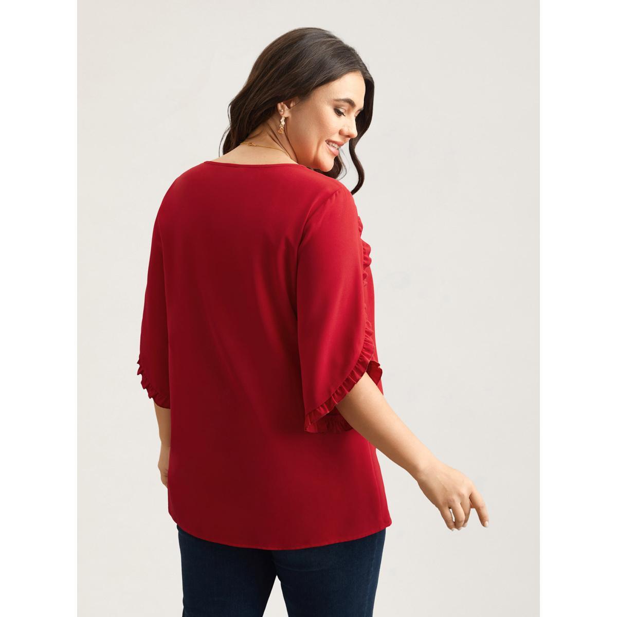 Plus Size Crimson Ruffled Bud Sleeve Round Neck Shirt Women Elegant Elbow-length sleeve Round Neck Everyday Blouses BloomChic 14-16/1X Product Image