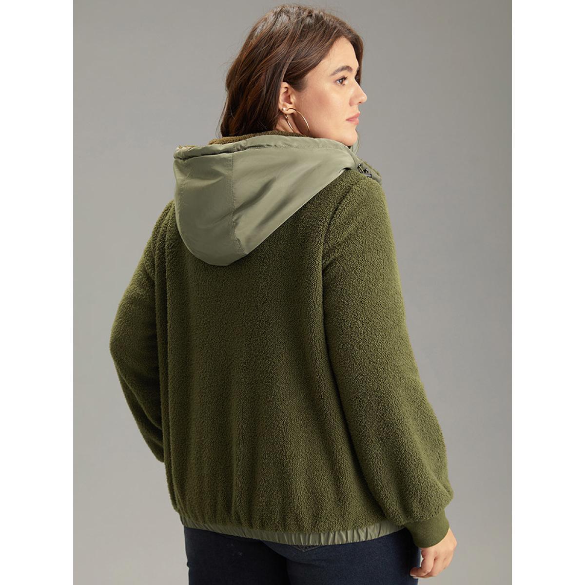 Plus Size Patchwork Zipper Rib Knit Hooded Teddy Jacket Women ArmyGreen Rib Knit Pocket Dailywear Jackets BloomChic 18-20/2X Product Image