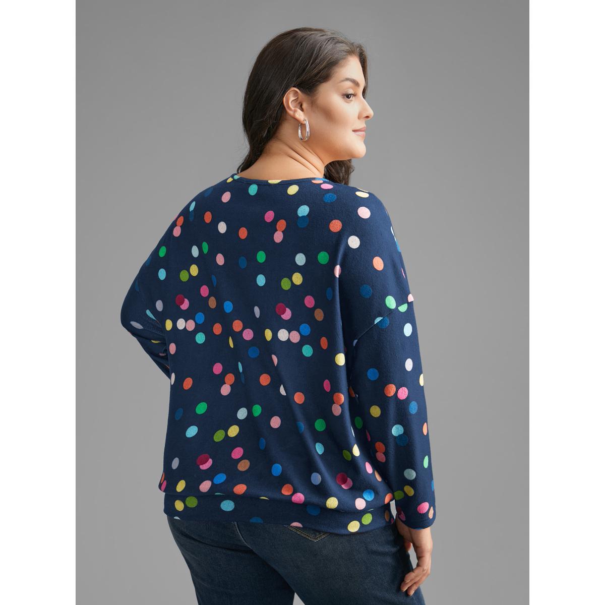 Plus Size Color Polka Dot Drop Shoulder T-Shirt DarkBlue Women Casual Contrast Round Neck Everyday T-shirts BloomChic 22-24/3X Product Image
