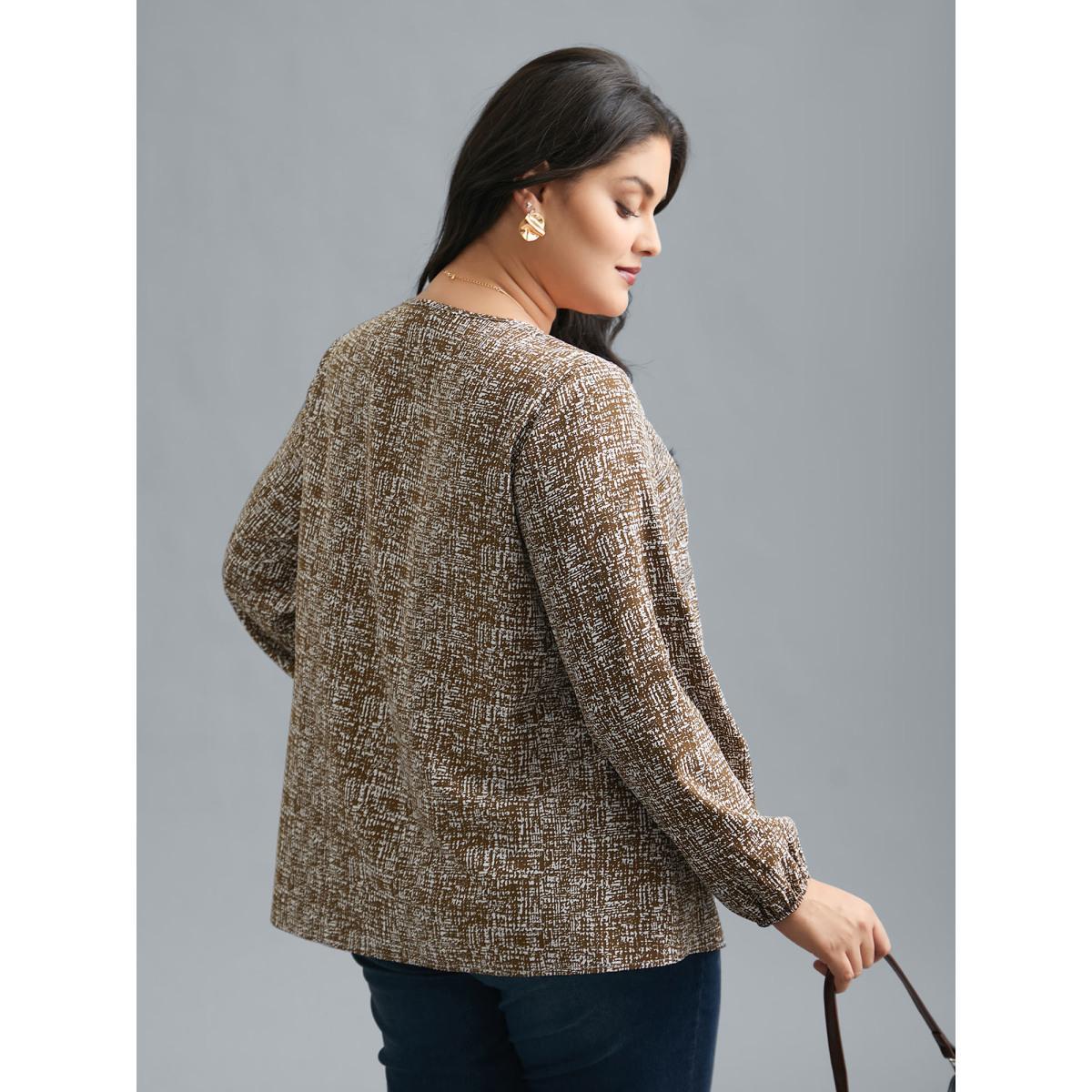 Plus Size Yellowishbrown Crew Neck Geometric Print Gathered Blouse Women At the Office Long Sleeve Round Neck Work Blouses BloomChic 18-20/2X Product Image