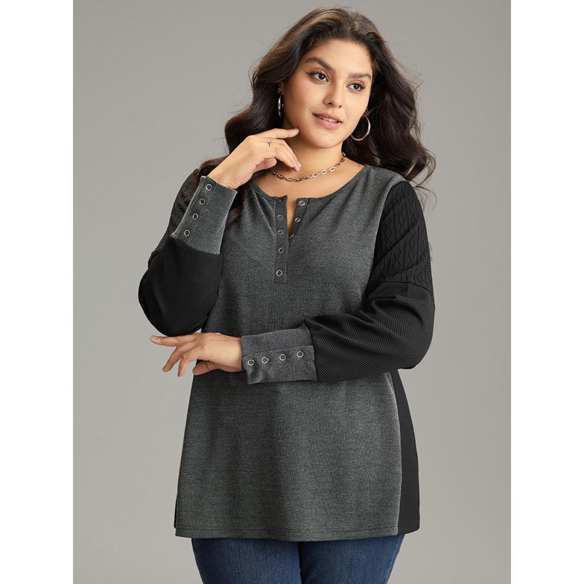 Plus Size Plisse Patchwork Two Tone Button Up T-shirt DimGray Women Casual Texture Plain Open Front Dailywear T-shirts BloomChic 10/M Product Image