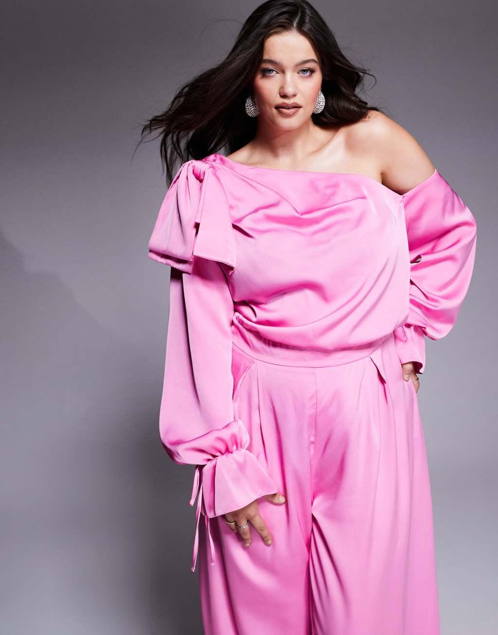 ASOS LUXE Curve satin off shoulder wide leg jumpsuit with bow in pink Product Image