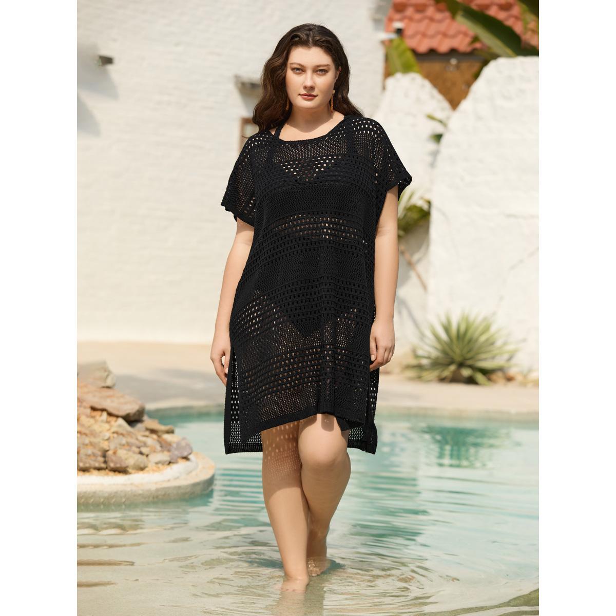 Plus Size Back Butterfly Cut-Out Slit Swim Cover-up Women's Swimwear Black Beach Loose Cut-Out Curve Swim Cover Ups BloomChic 28/5X Product Image