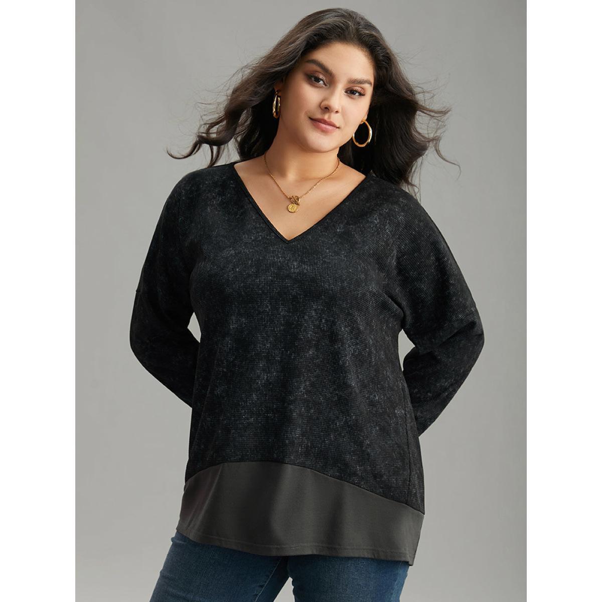 Plus Size Colorblock Waffle Knit Patchwork T-shirt DimGray Women Casual Waffle Knit Patchwork Round Neck Dailywear T-shirts BloomChic 28/5X Product Image