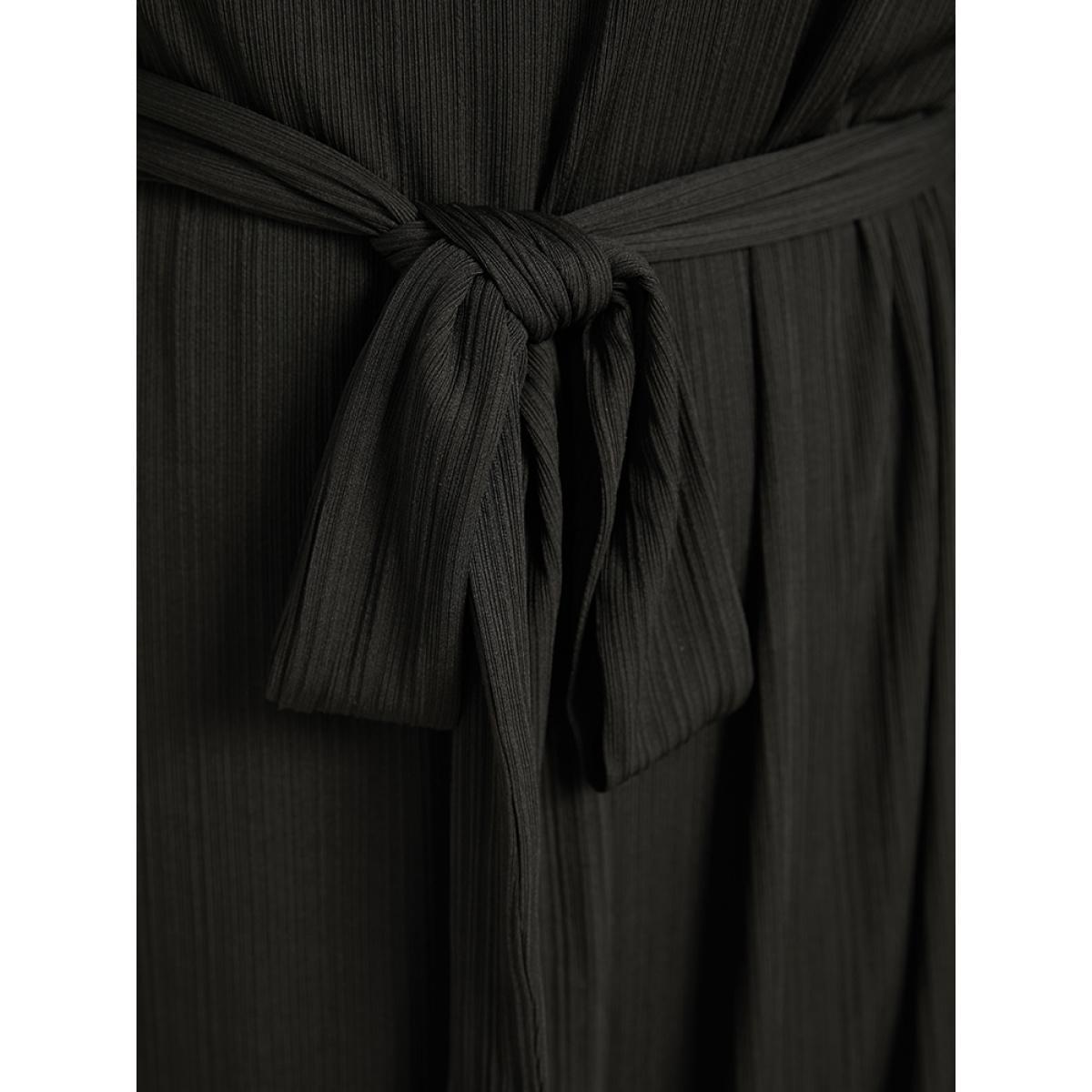 Plus Size Rib Knit Solid Pocket Pleated Belted Dress Black Women Casual Plain Round Neck Long Sleeve Curvy Midi Dress BloomChic 12/L Product Image