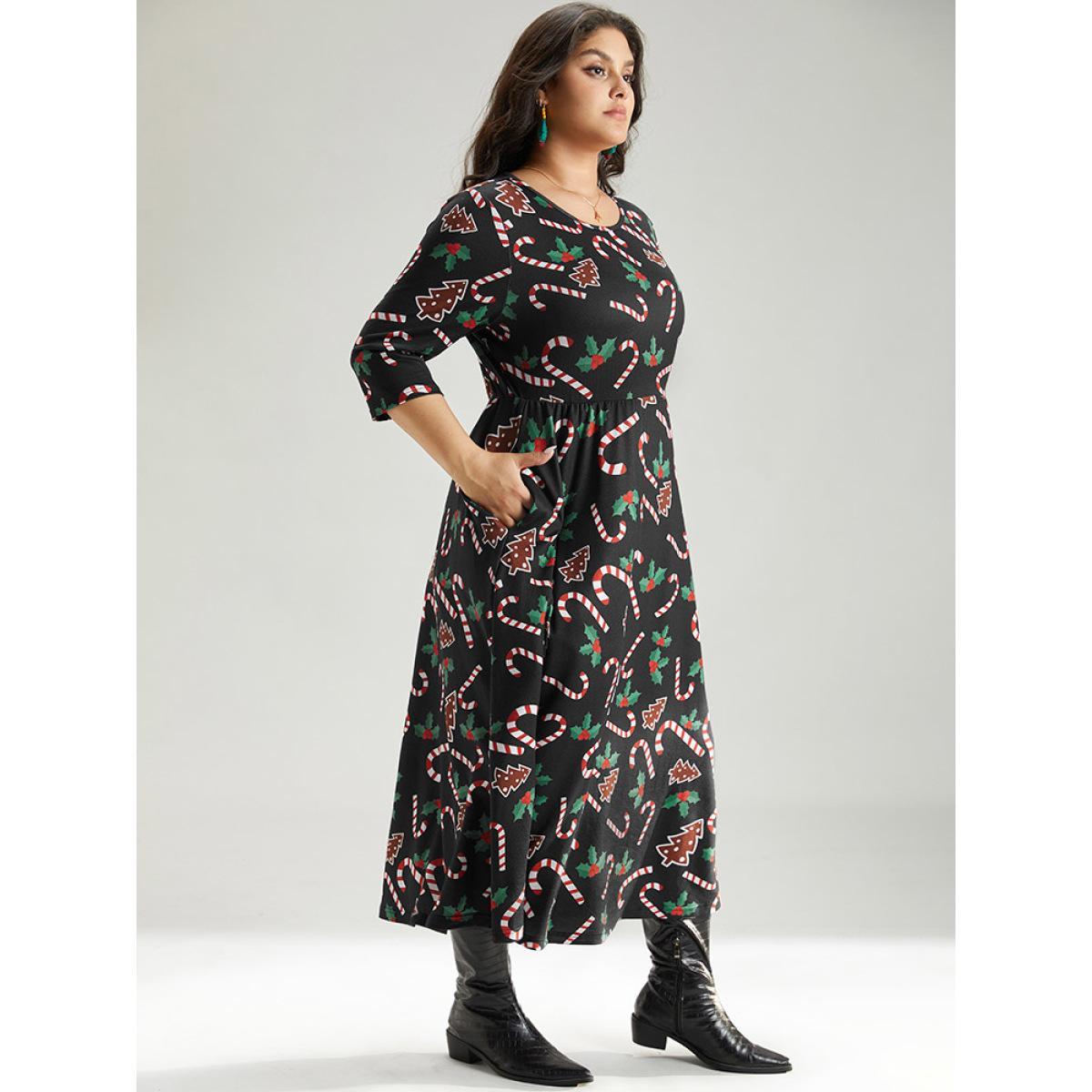 Plus Size Christmas Print Pocket Elastic Waist Dress Black Women Casual Printed Round Neck Long Sleeve Curvy Midi Dress BloomChic 26/4X Product Image