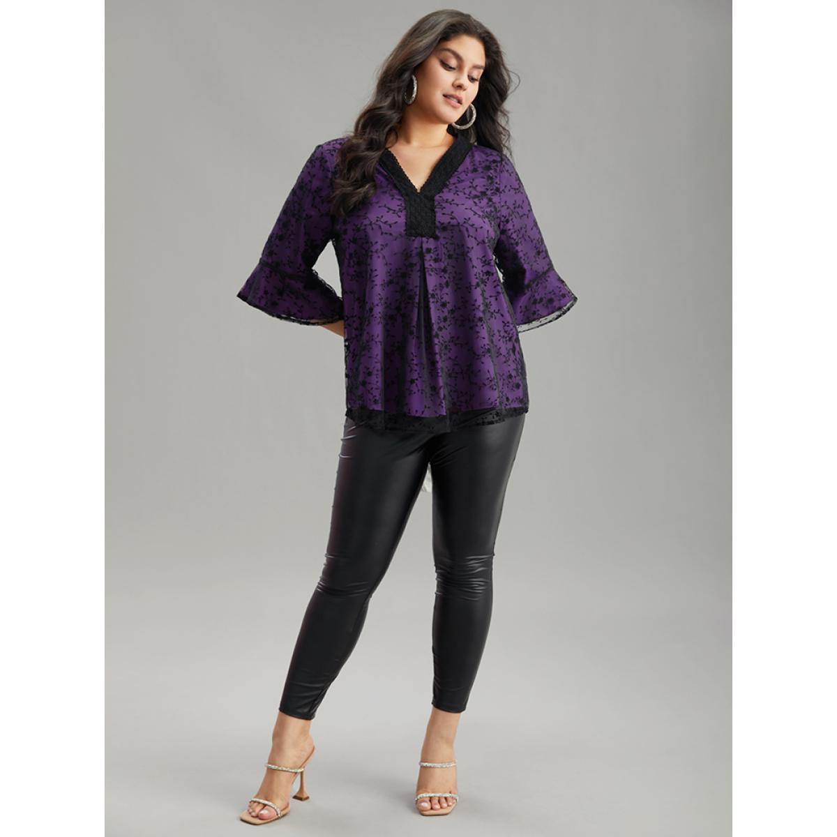 Plus Size DarkGreen Crochet Lace Mesh Bell Sleeve Blouse Women Cocktail Elbow-length sleeve V-neck Party Blouses BloomChic 10/M Product Image