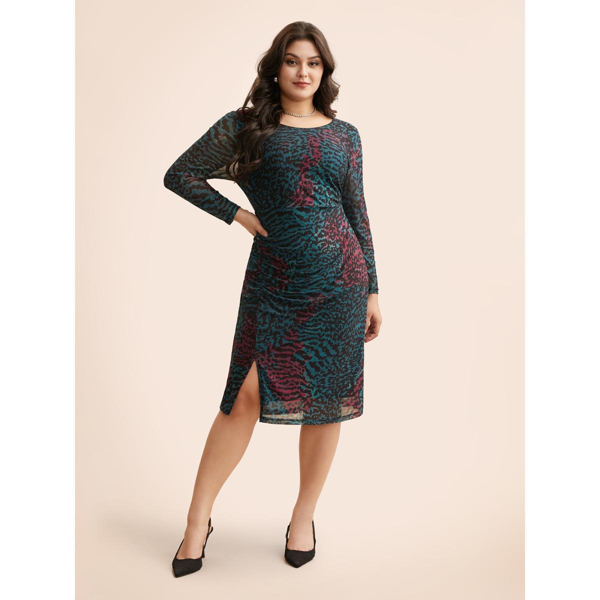 Plus Size Leopard Print Ruched Split Hem Dress Aegean Women Elegant Gathered Round Neck Long Sleeve Curvy BloomChic 22-24/3X Product Image