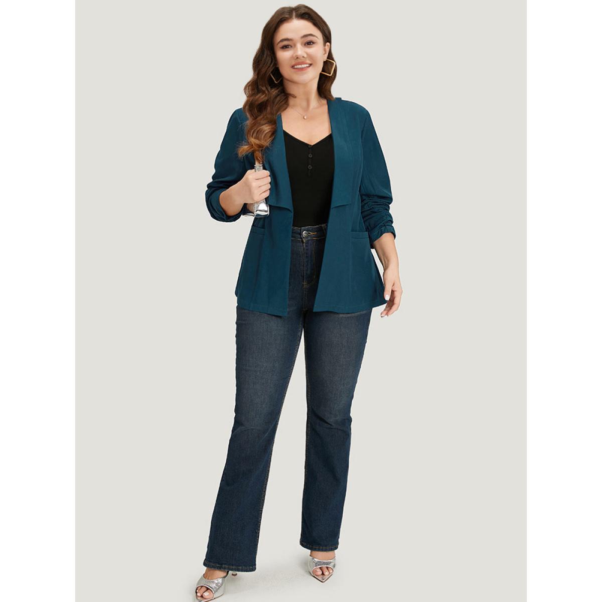 Plus Size Solid Lapel Collar Drape Pocket Ruched Cuffs Blazer Aegean Women Work Plain Drape Sleeve Long Sleeve Lapel Collar 26/4X Pocket Office Blazers BloomChic Product Image