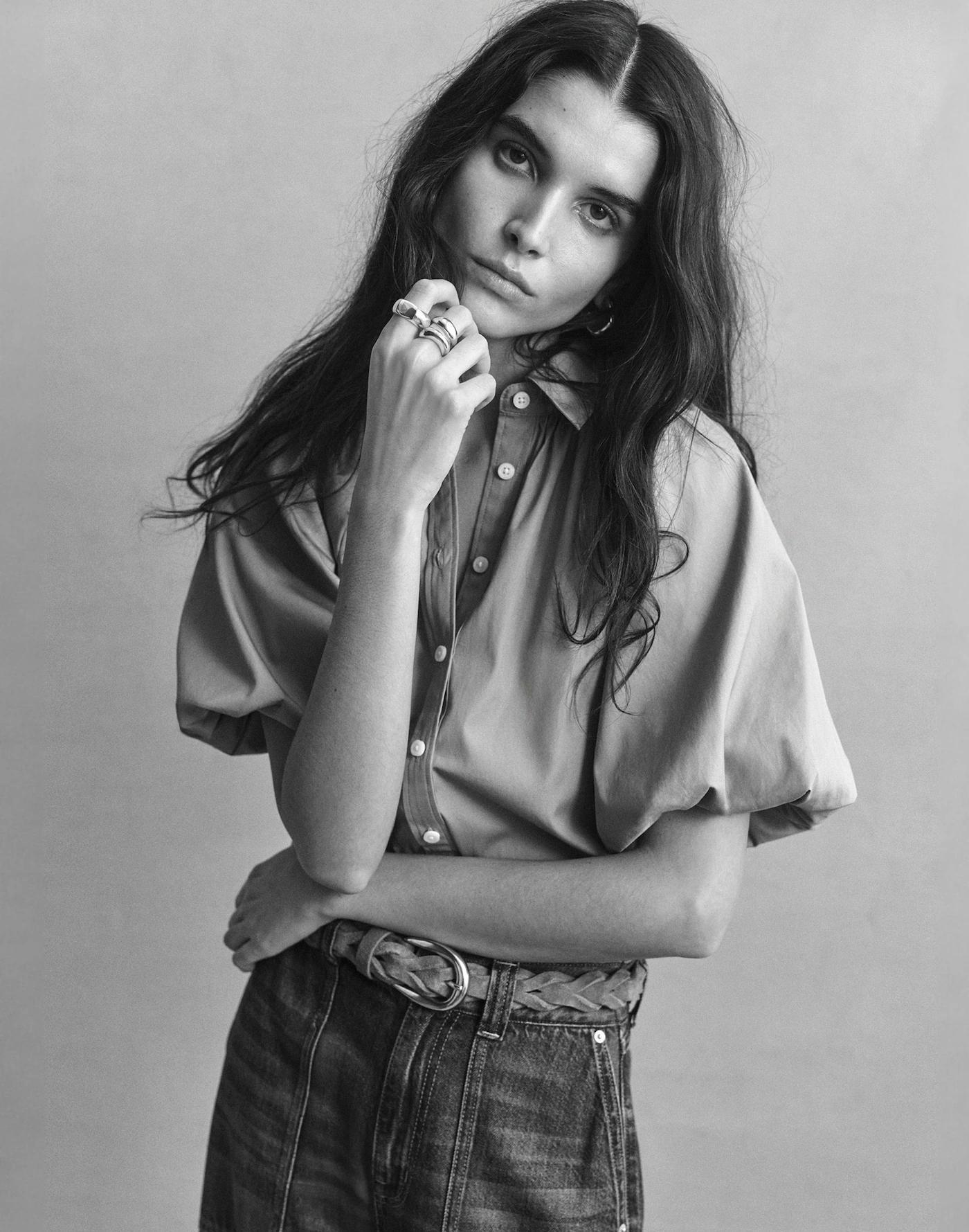 Shirred Bubble-Sleeve Button-Up Shirt Product Image