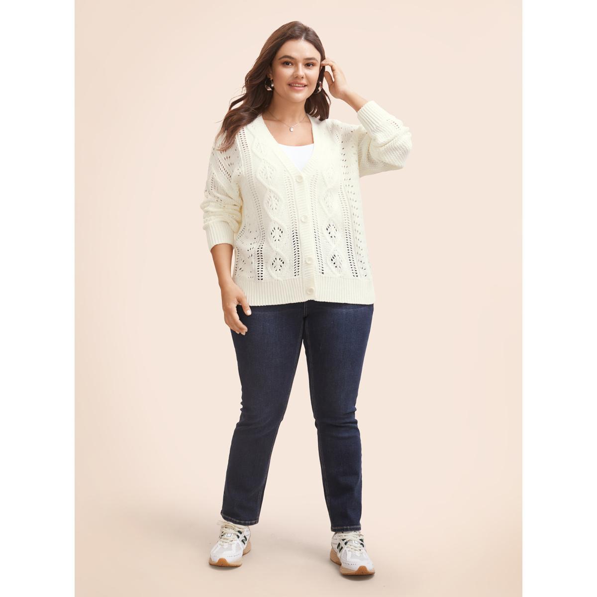 Plus Size Solid Hollow Out Button Up Cardigan Apricot Women Casual Loose Long Sleeve Everyday Cardigans BloomChic 28/5X Product Image