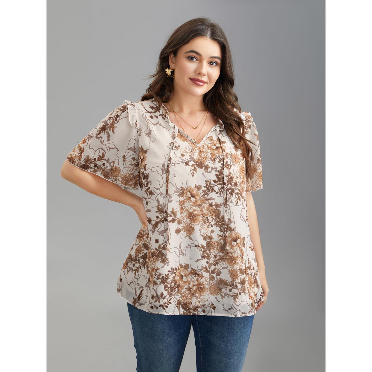 Plus Size WhiteSmoke Floral Print Ruffle Neck Shirt Women Elegant Short sleeve Flat collar with V-notch Everyday Blouses BloomChic 26/4X Product Image