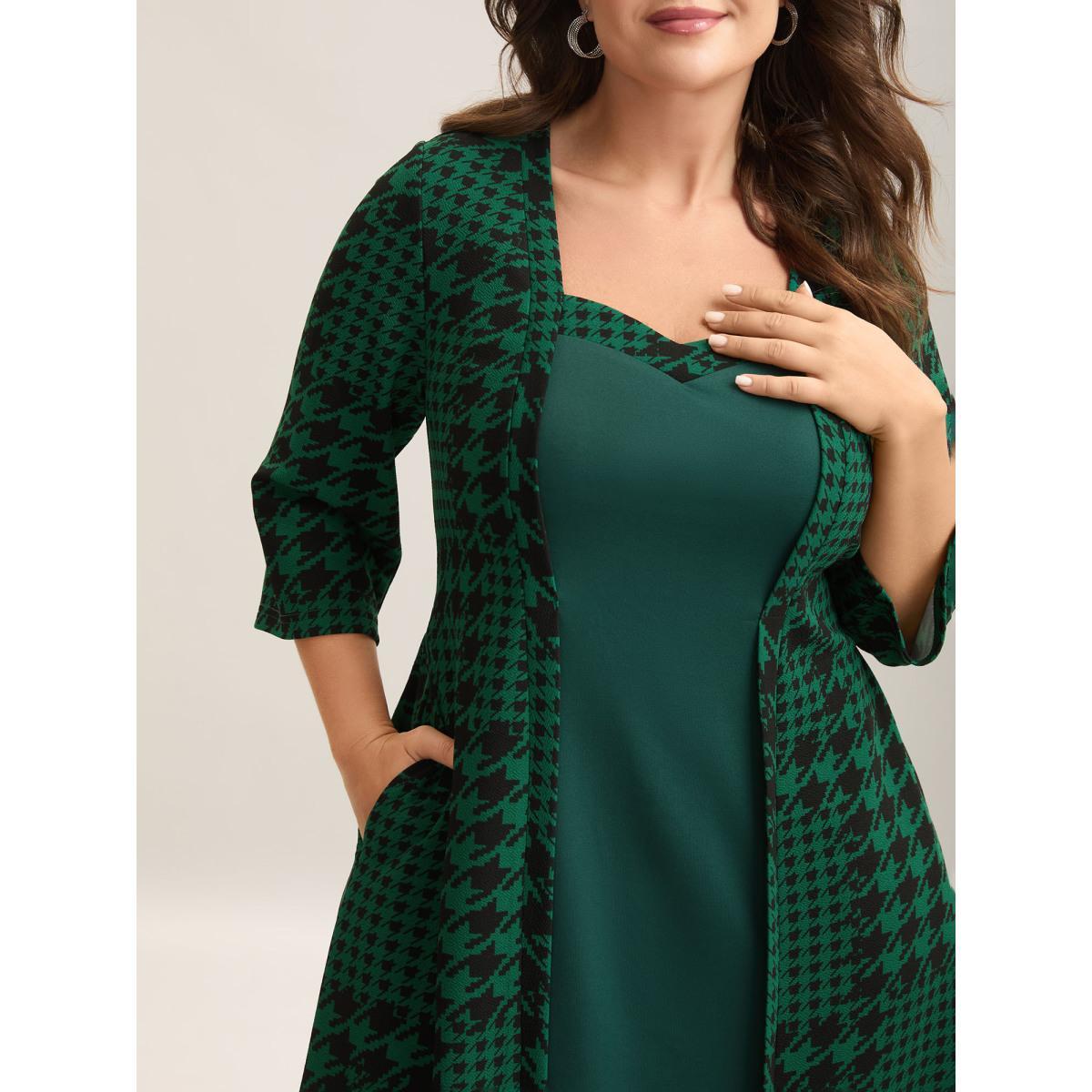 Plus Size Houndstooth Print Waist-Cinched Patchwork Midi Dress DarkGreen Women At the Office Patchwork Knit Dresses Bloomchic 14-16/1X Product Image