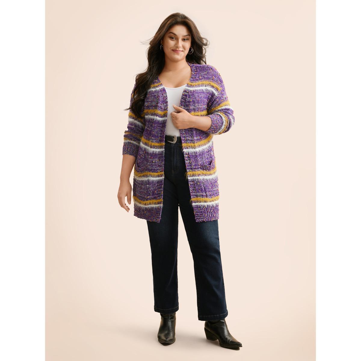 Plus Size Striped Contrast Texture Fluffy Cardigan Deeppurplered Women Casual Loose Long Sleeve Everyday Cardigans BloomChic 12/L Product Image
