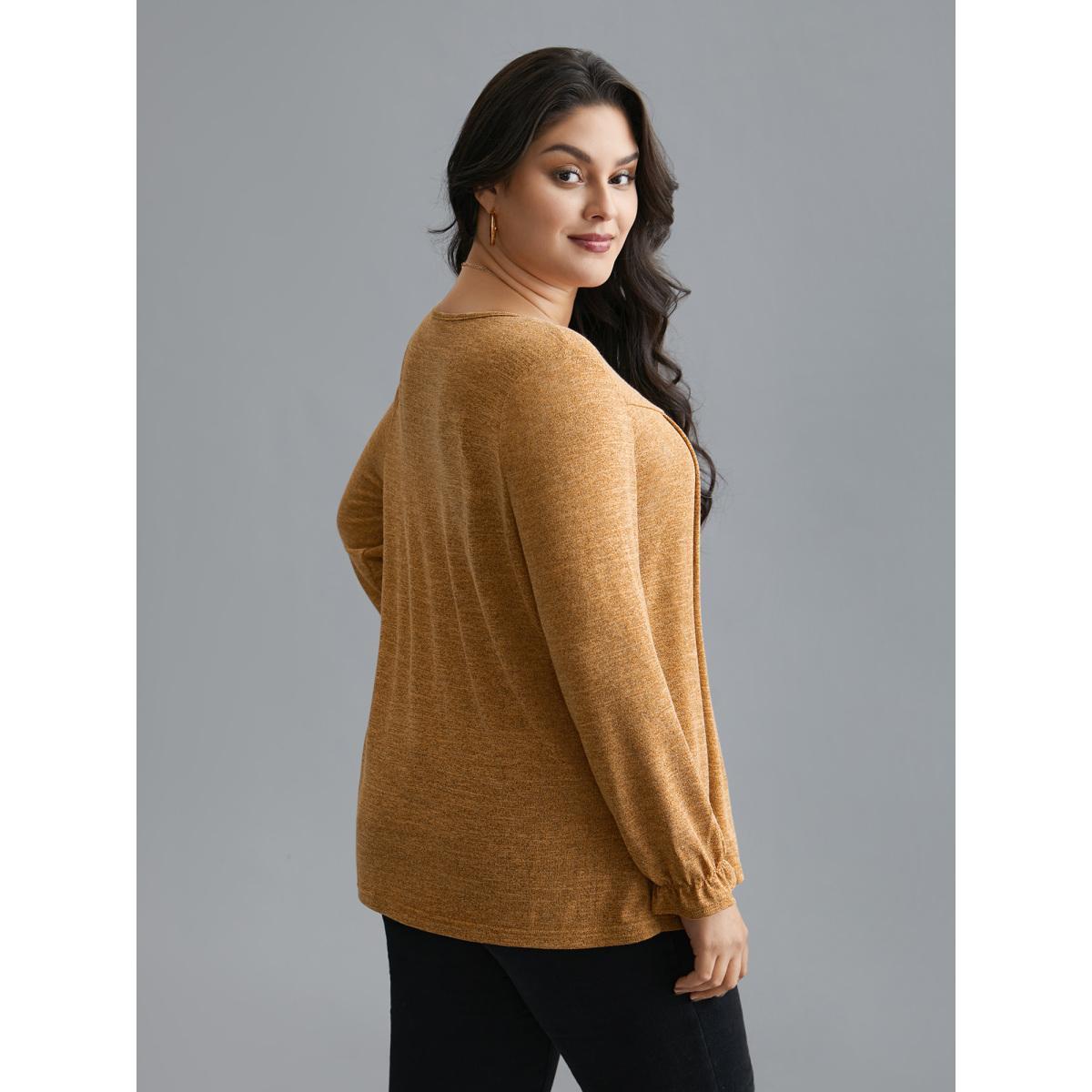 Plus Size Round Neck Heather Pleated T-shirt Turmeric Women Elegant Pleated Round Neck Loose Everyday T-shirts BloomChic 26/4X Product Image