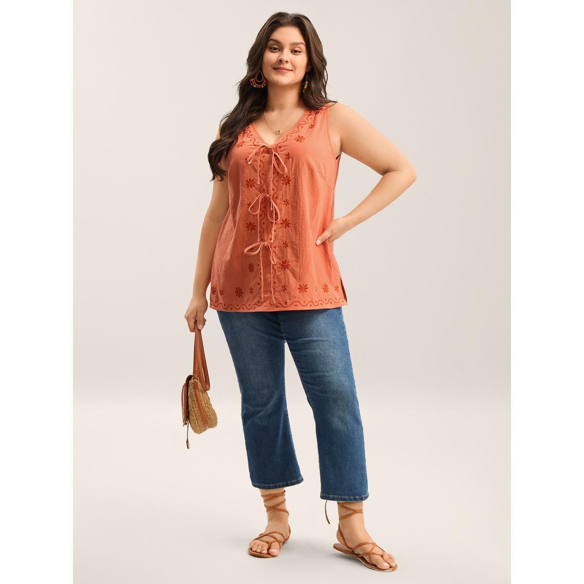 Plus Size Ribbon Tie Embroidered Cotton Tank Top Women Brightorange Tie knot V-neck Vacation Tank Tops Camis BloomChic 10/M Product Image