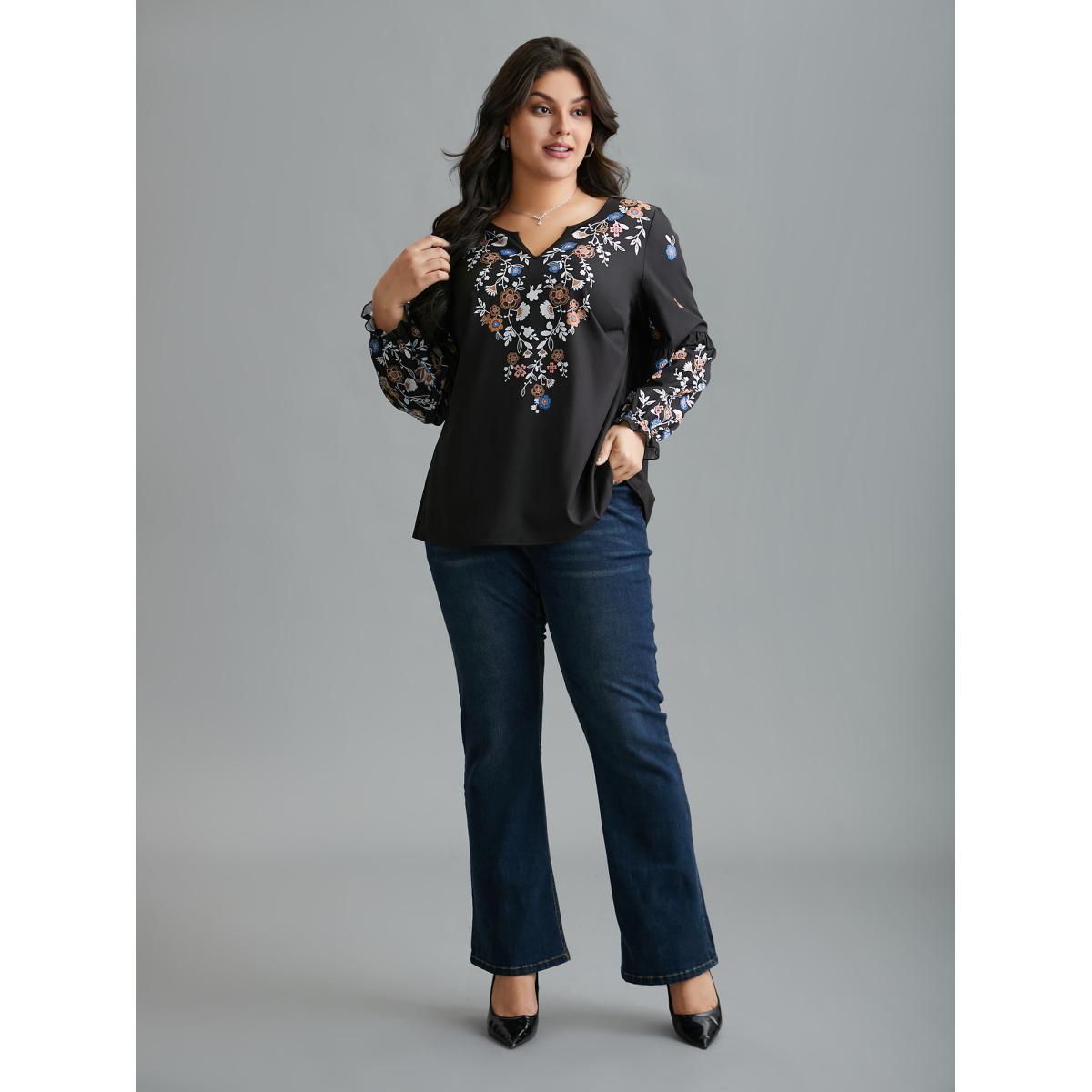 Plus Size Black Floral Puffy Sleeve V-Neck Blouse Women Elegant Long Sleeve Notched collar Everyday Blouses BloomChic 28/5X Product Image