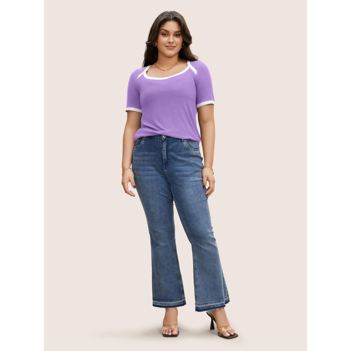 Plus Size Asymmetrical Neck Contrast Trim Pit Strip T-shirt Lilac Women Elegant Contrast Asymmetrical Neck Bodycon Everyday T-shirts BloomChic 12/L Product Image