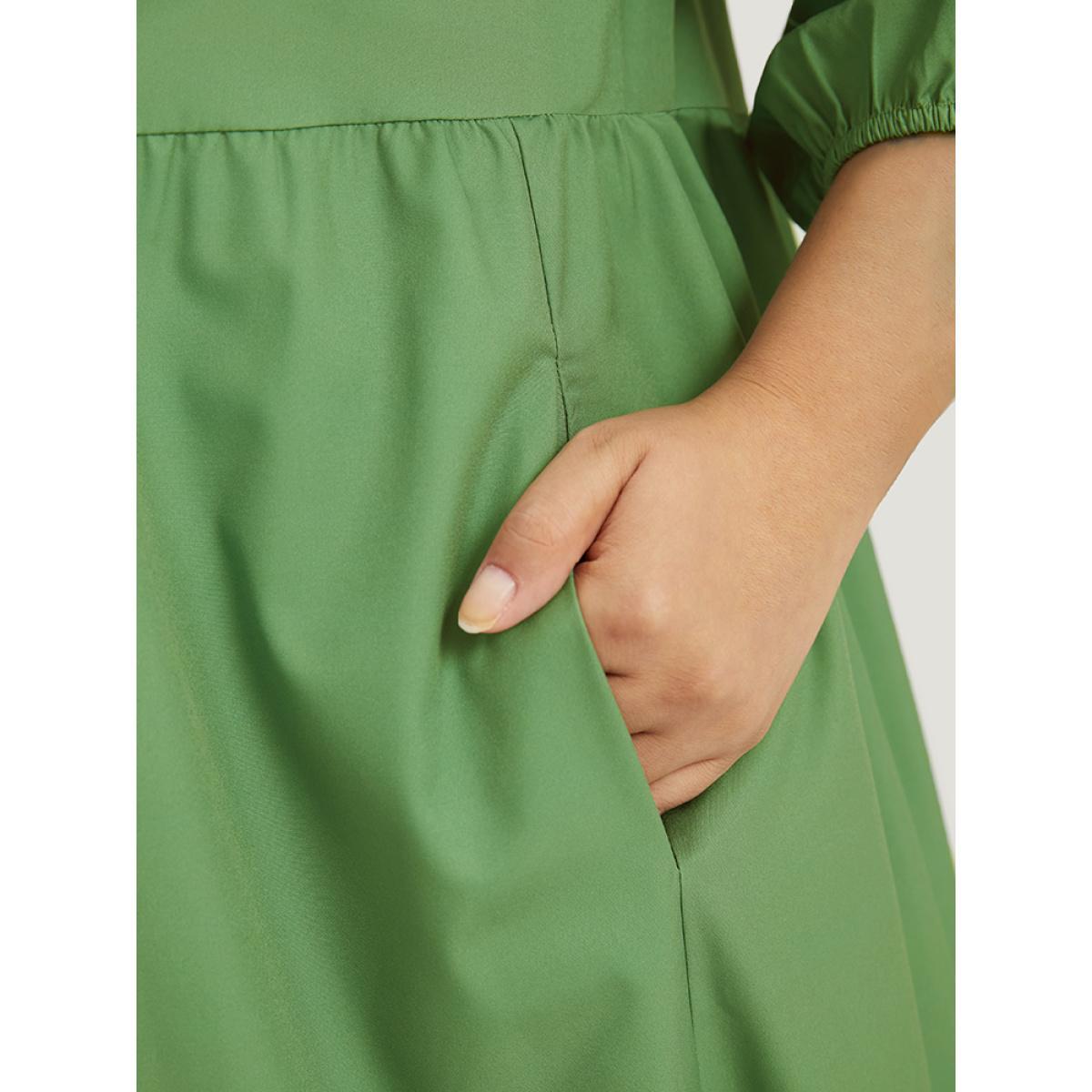Plus Size Bandana Print Notched Layered Hem Elastic Cuffs Dress Mint Women Vacation Elastic cuffs Notched collar Elbow-length sleeve Curvy Midi Dress BloomChic 30/6X Product Image