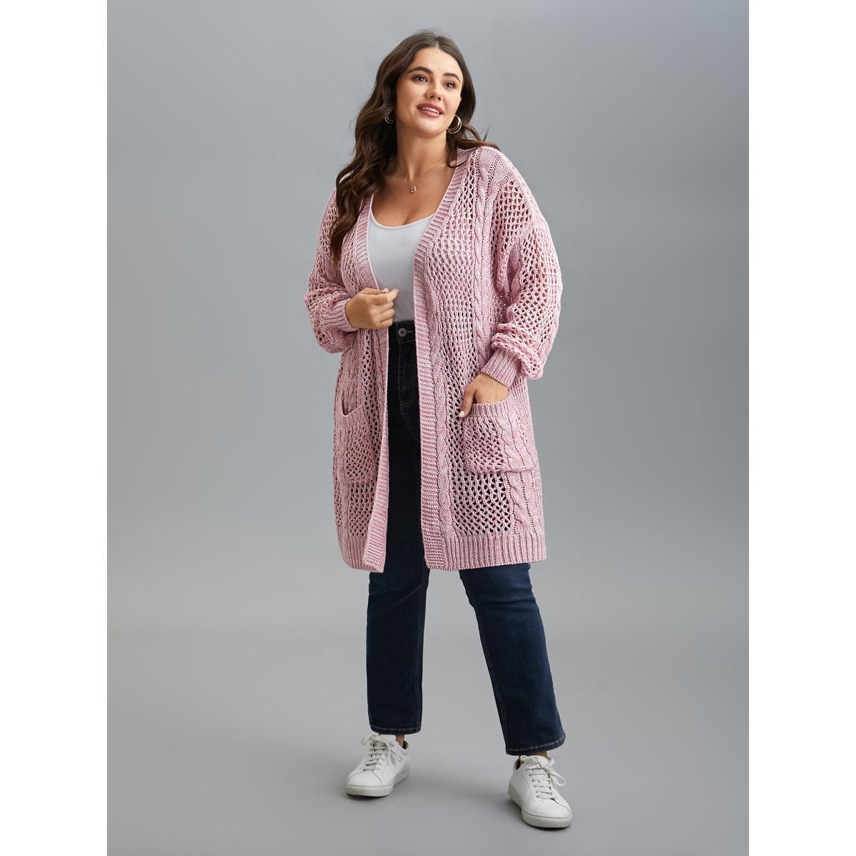 Plus Size Cut-Out Crochet Textured Open-Front Cardigan Blush Women Casual Loose Long Sleeve Everyday Cardigans BloomChic 18-20/2X Product Image