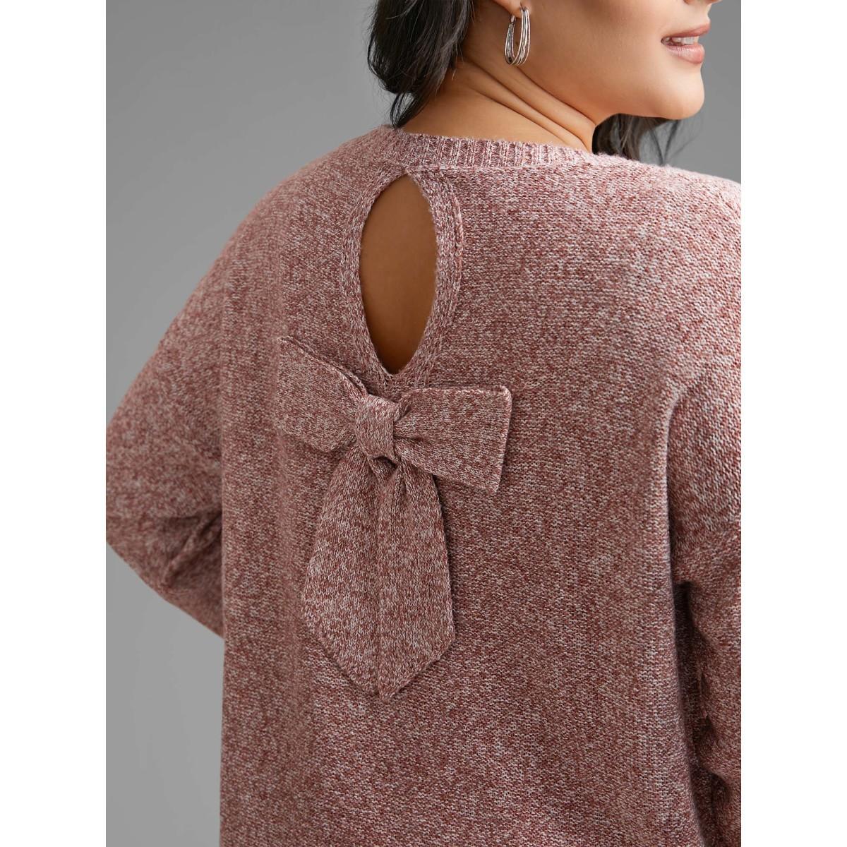 Plus Size Texture Bowknot Cut Out Slit Hem Pullover Crepe Women Casual Loose Long Sleeve Round Neck Everyday Pullovers BloomChic 18-20/2X Product Image
