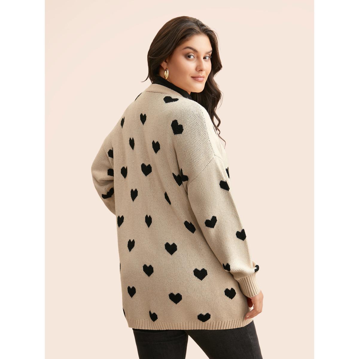 Plus Size Heart-shaped Pattern Patch Pocket Cardigan Apricot Women Basics Loose Long Sleeve Everyday Cardigans BloomChic 26/4X Product Image