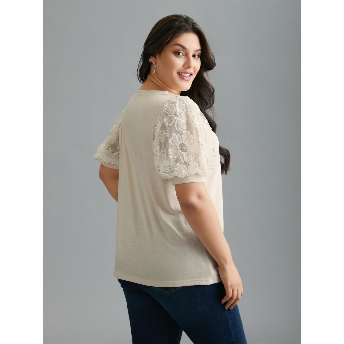 Plus Size Floral Sequin Mesh Round Neck T-shirt Beige Women Elegant See through Round Neck Everyday T-shirts BloomChic 30/6X Product Image