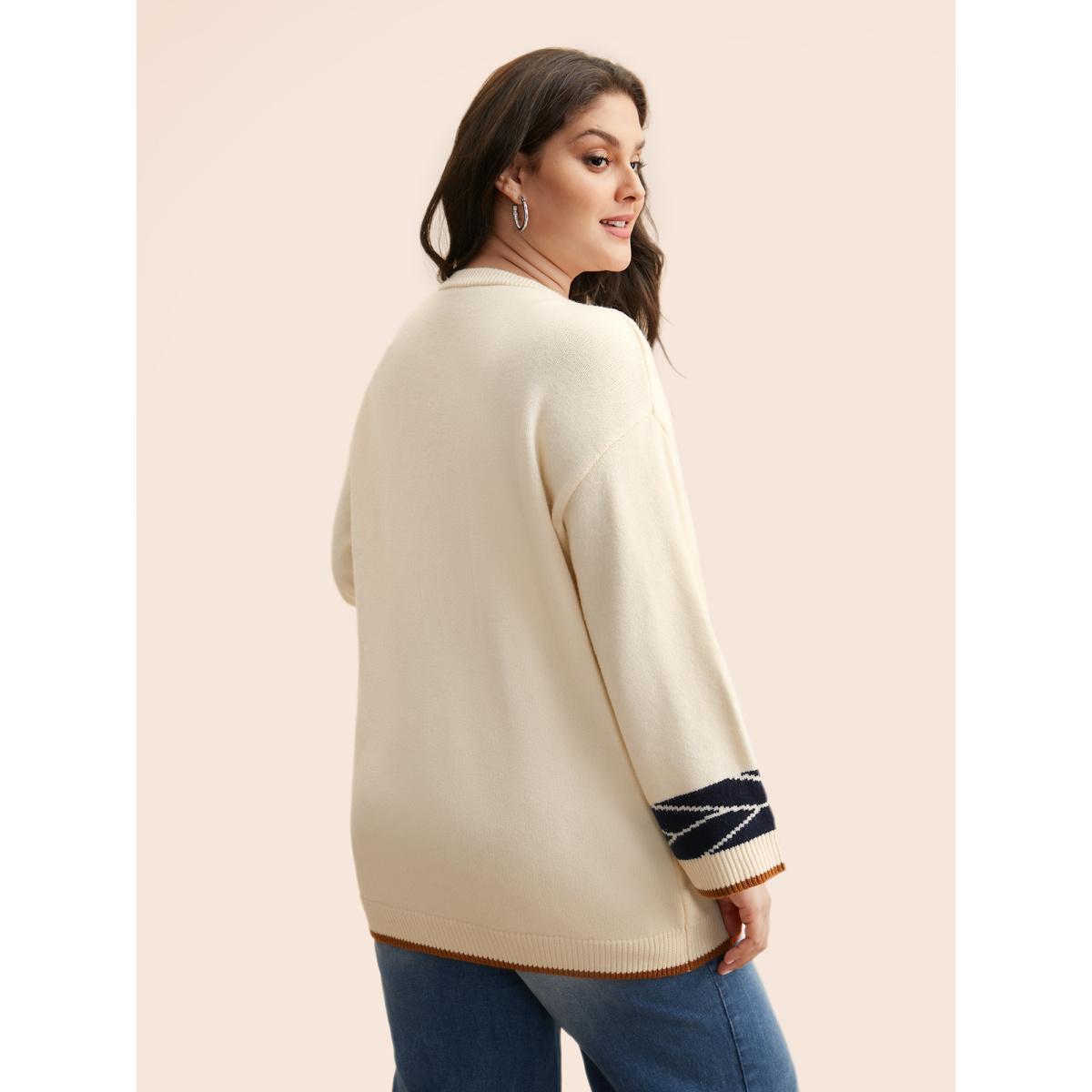 Plus Size Supersoft Essentials Contrast Jacquard Cardigan Beige Women Casual Loose Long Sleeve Everyday Cardigans BloomChic 14-16/1X Product Image