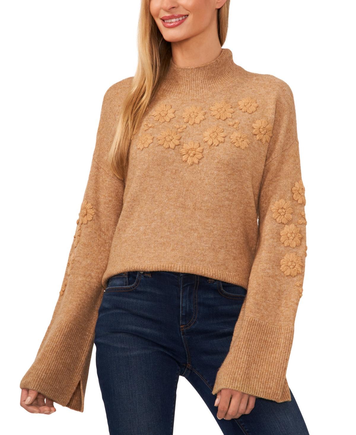CeCe Womens Embroidered Mock Neck Bell-Sleeve Sweater Product Image