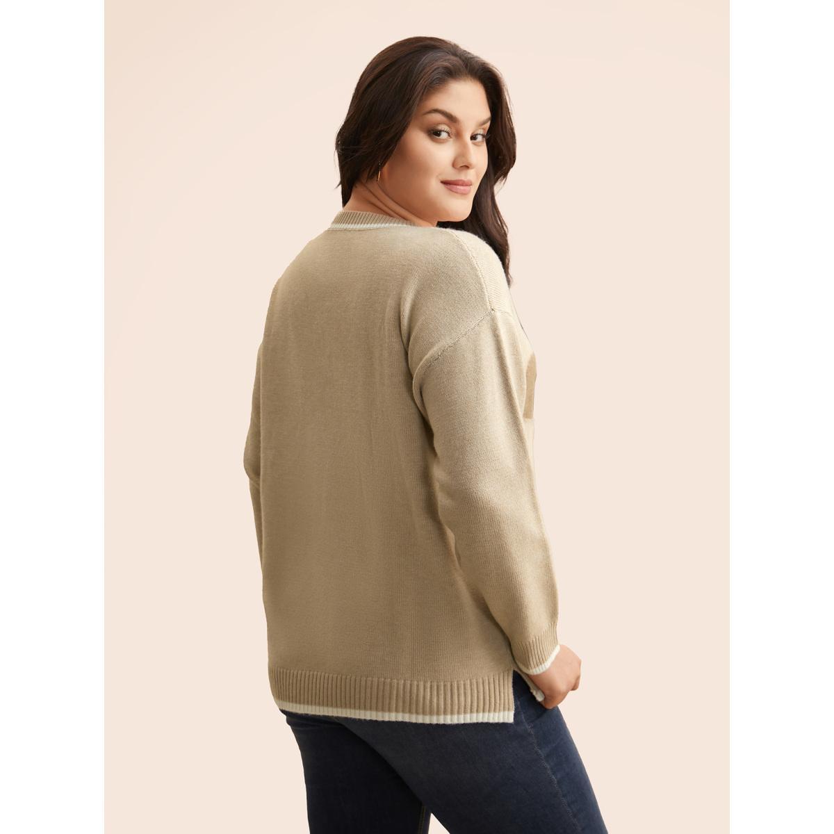 Plus Size Floral Jacquard Contrast Trim Slit Hem Pullover LightBrown Women Casual Long Sleeve Round Neck Everyday Pullovers BloomChic 26/4X Product Image