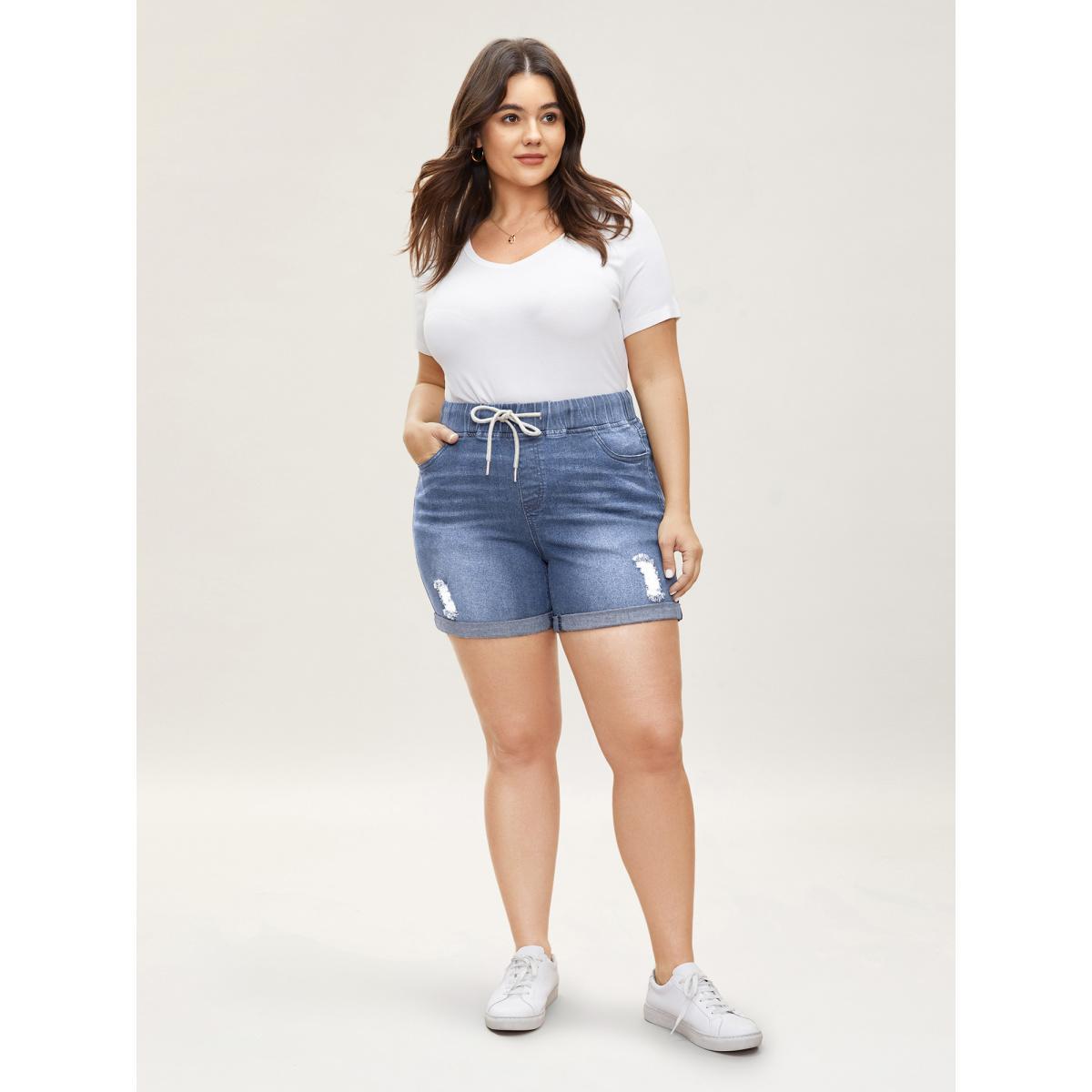 Plus Size Distressed Drawstring Roll Hem Denim Shorts Women LightBlue Drawstring High stretch Everyday Slanted pocket Casual Denim Shorts BloomChic 20/2X Product Image