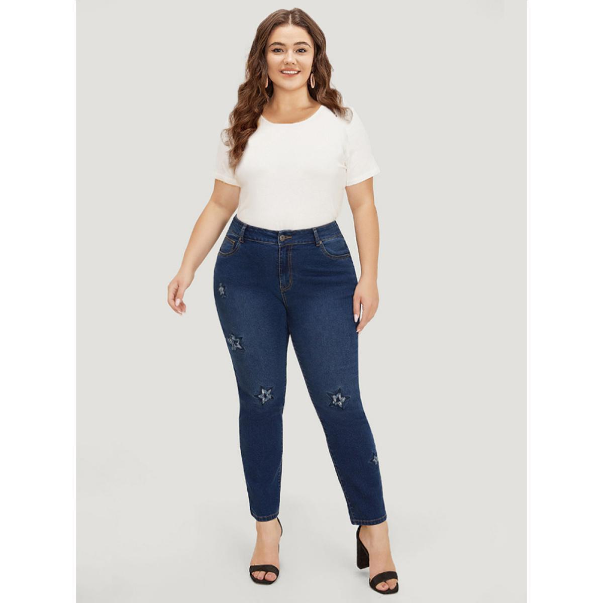 Plus Size Very Stretchy High Rise Medium Wash Star Embroidery Jeans Women Blue Casual Star and moon Embroidered High stretch Jeans BloomChic 24/3X Product Image