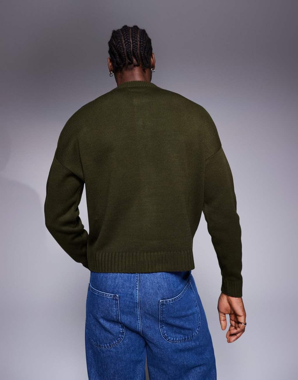ASOS DESIGN oversized boxy fit knit crew neck cardigan with pockets in khaki Product Image