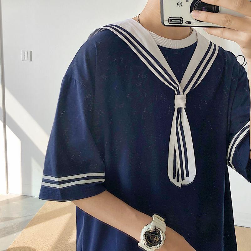 Set: Short-Sleeve Sailor Collar Striped Top + Elastic Waist Plain Shorts Product Image