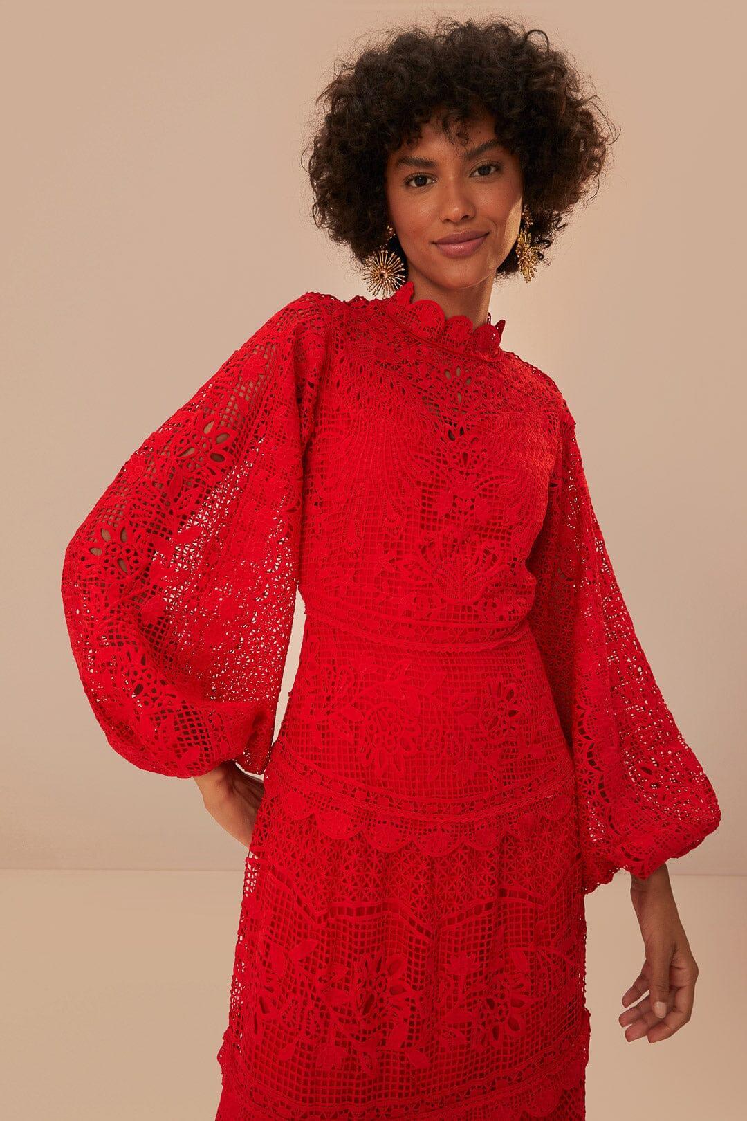 Red Guipire Long Sleeve Maxi Dress, RED / XXS Product Image