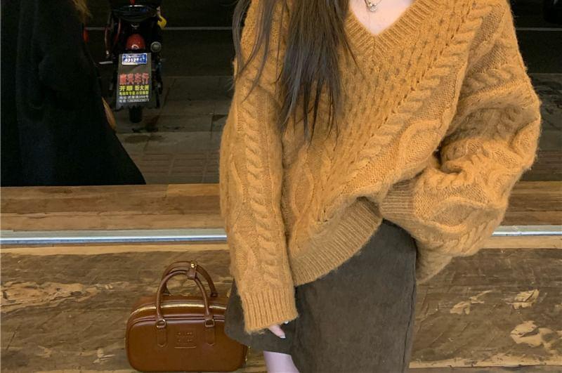 V-Neck Plain Cable Knit Sweater Product Image