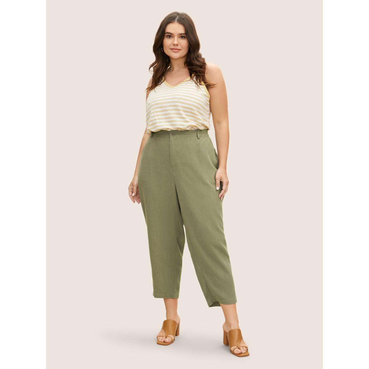 Plus Size Linen Blend Mid Rise Straight Leg Pants Women ArmyGreen Casual Straight Leg Mid Rise Everyday Pants BloomChic 14-16/1X Product Image