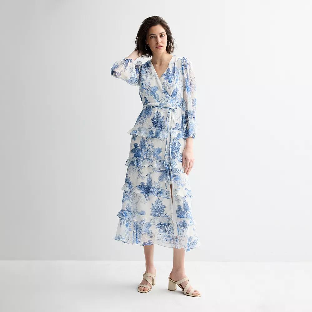 Women's Maison Tara Toile Surplice Tiered Ruffle Maxi Dress, Size: 6, Ivory Blue Floral Product Image