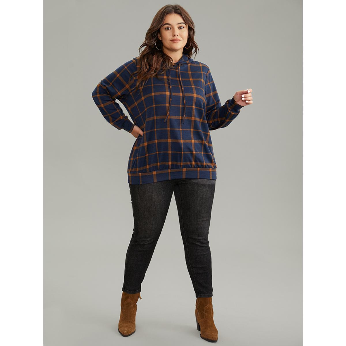 Plus Size Contrast Plaid Hooded Drawstring Sweatshirt Women DarkBlue Casual Contrast Hooded Dailywear Sweatshirts BloomChic 10/M Product Image