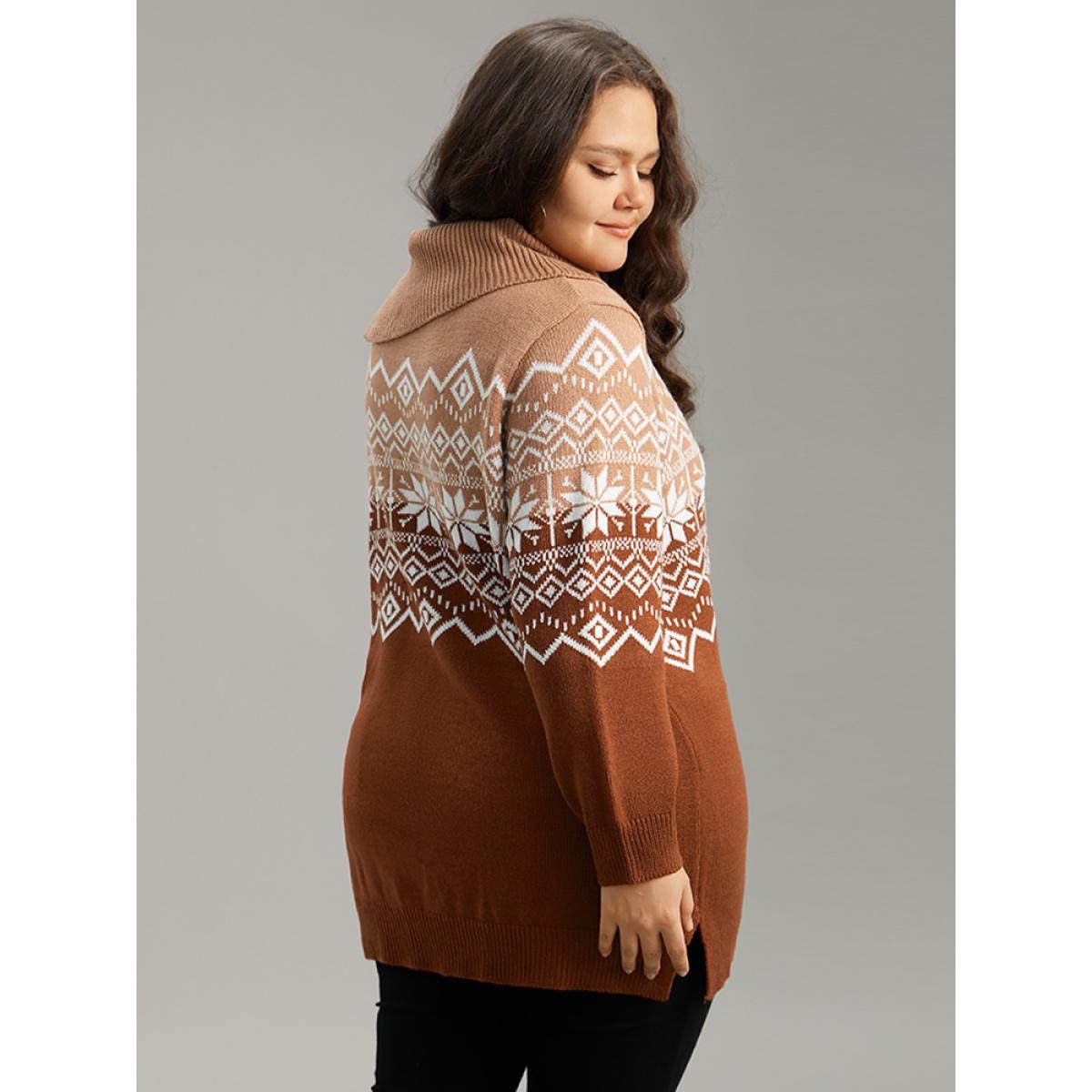 Plus Size Snowflake Print Button Detail Split Side Pullover Multicolor Women Casual Loose Long Sleeve Lapel Collar Festival-Christmas Pullovers BloomChic 30/6X Product Image