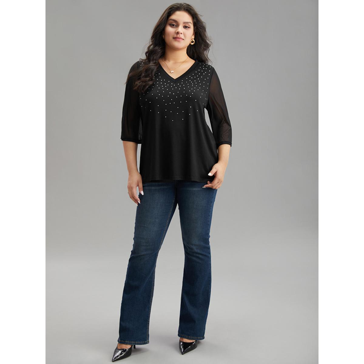 Plus Size Plain Patchwork Mesh Rhinestone Detailing T-shirt Black Women Elegant Rhinestone detailing Galaxy V-neck Dailywear T-shirts BloomChic 14-16/1X Product Image