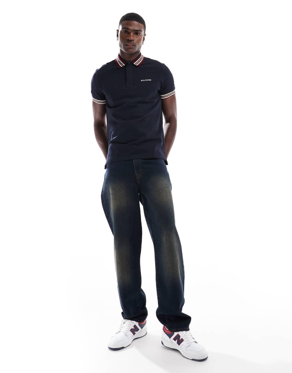 Tommy Hilfiger striped collar polo shirt in navy Product Image
